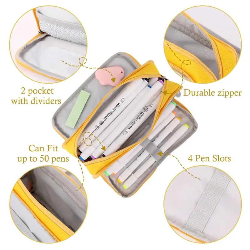 Pencil Case Large Space Storage 3 Compartment Pouch Double Side Opened Student Stationery Desk Organizer School Supplies 5