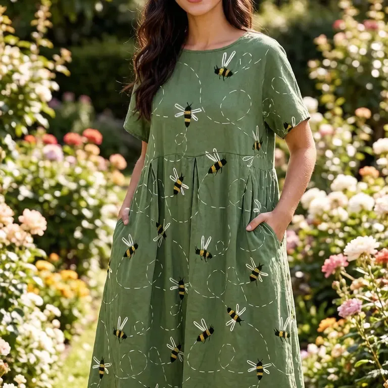 Green Bee Print A-Line Midi Dress 5