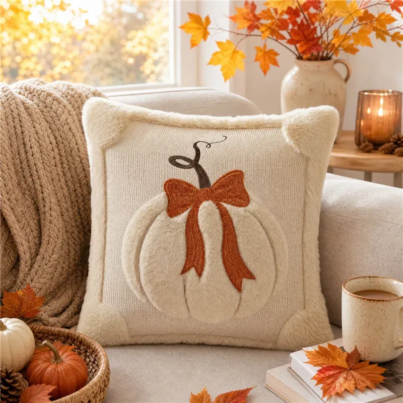 3D Plush Pumpkin Throw Pillow with Bow 3