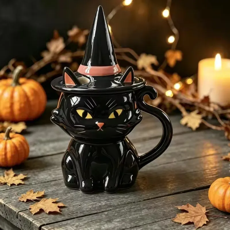 Black Cat Witch Hat Lid Halloween Mug 5