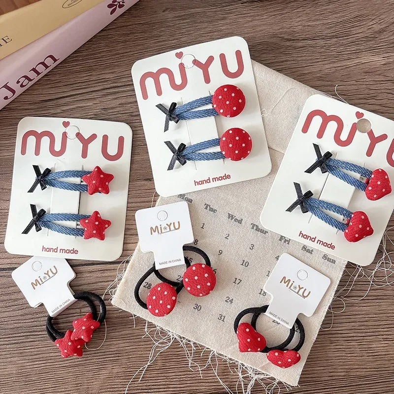 Korean Red Heart Hair Clips & Scrunchies Set 2