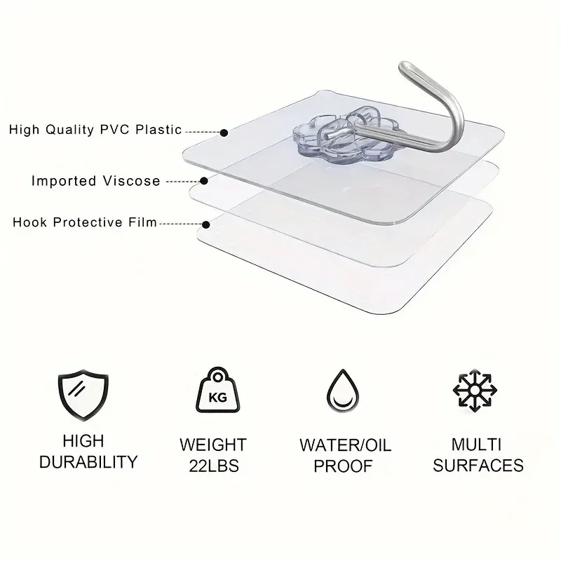 Heavy Duty Transparent Adhesive Wall Hooks, No Drill No Residue Clear Hooks, Waterproof Strong Sticky Hooks for Bathroom Kitchen Hanging Towel Key Cutlery, Damage-Free Removable Home Storage Organizer 6