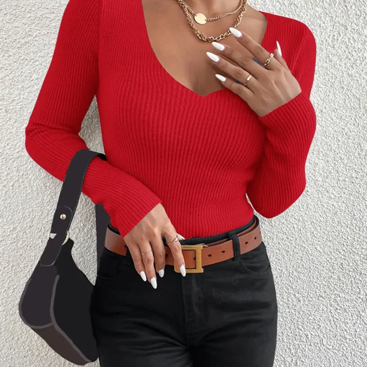 Women's V-Neck Rib Knit Pullover Sweater 6