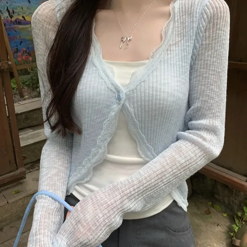 Lace Trim Ribbed Knit Crop Cardigan 4