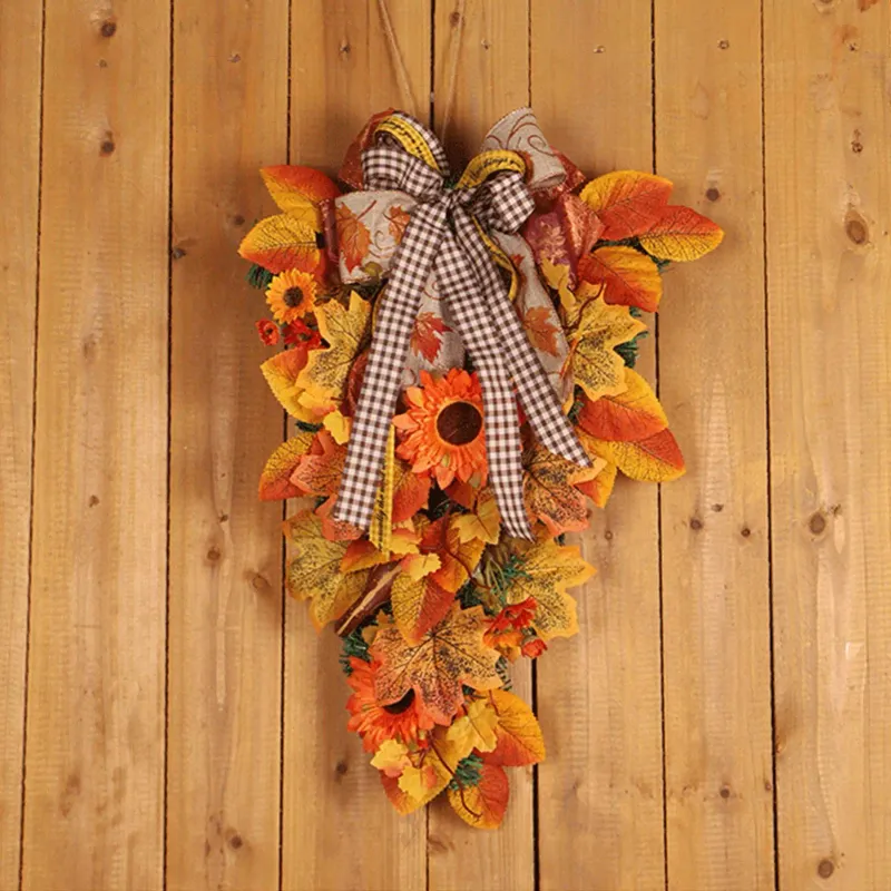 Thanksgiving Fall Wreath with Pumpkins & Maple Leaves 4