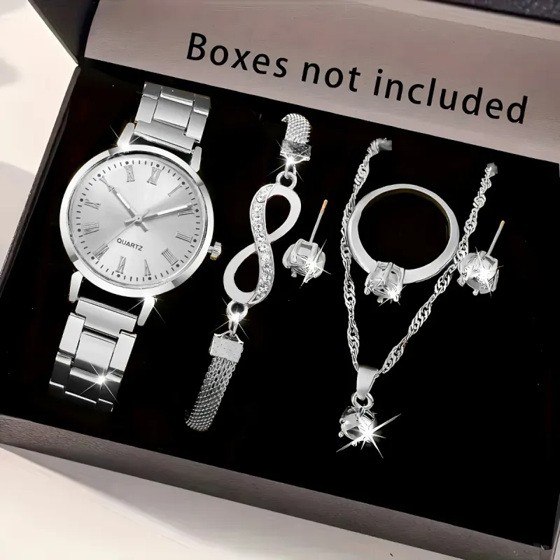 6-Piece Crystal Jewelry & Quartz Watch Set 4
