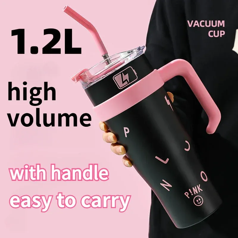 New Tumbler with Handle and Straw Lid Vacuum Insulated Water Bottle Straw Cover Silicone Boot Leak-proof Travel Coffee Cup 40Oz 5