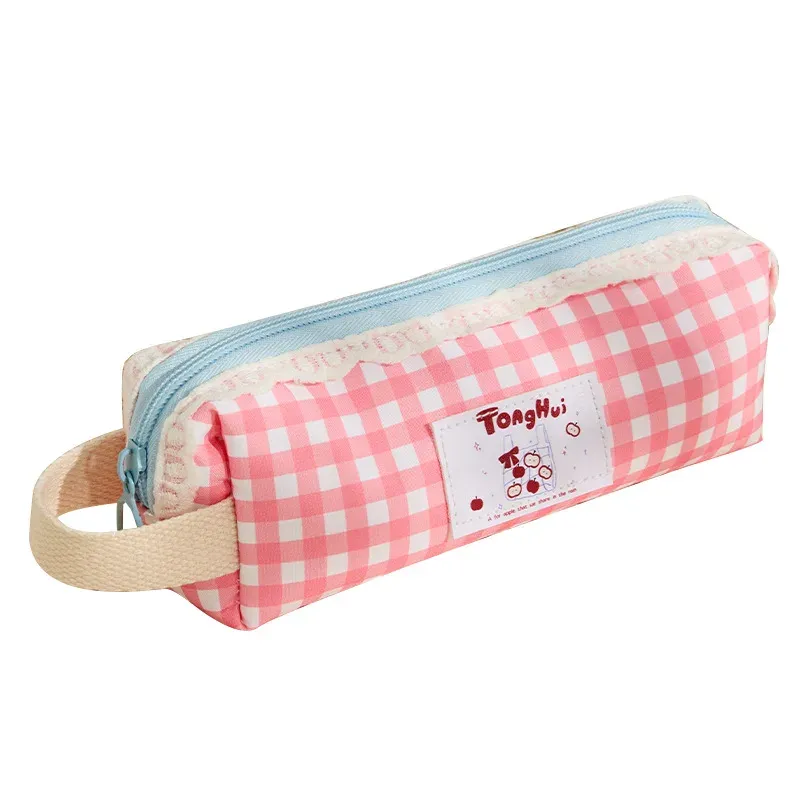 1 Piece Korean Fashion Causal Pencil Pouch for Kids Girl Lace Ruffle Sweet Plaid Stationery Organizer Back To School Student 4