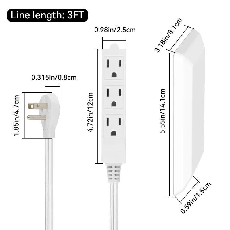 3FT 3-Outlet Extension Cord Power Strip 3