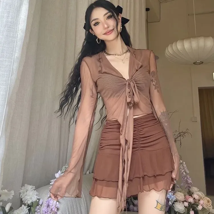 Lace-Up Mesh Flare Sleeve Blouse 2