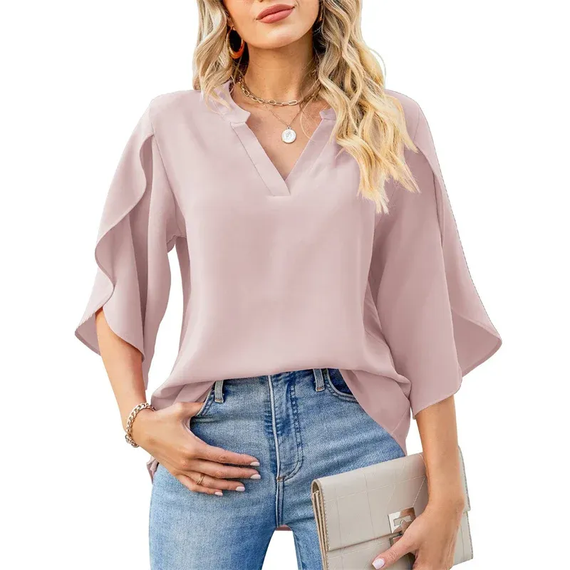 Women Summer Chiffon V-Neck Flare Sleeve Blouse 1
