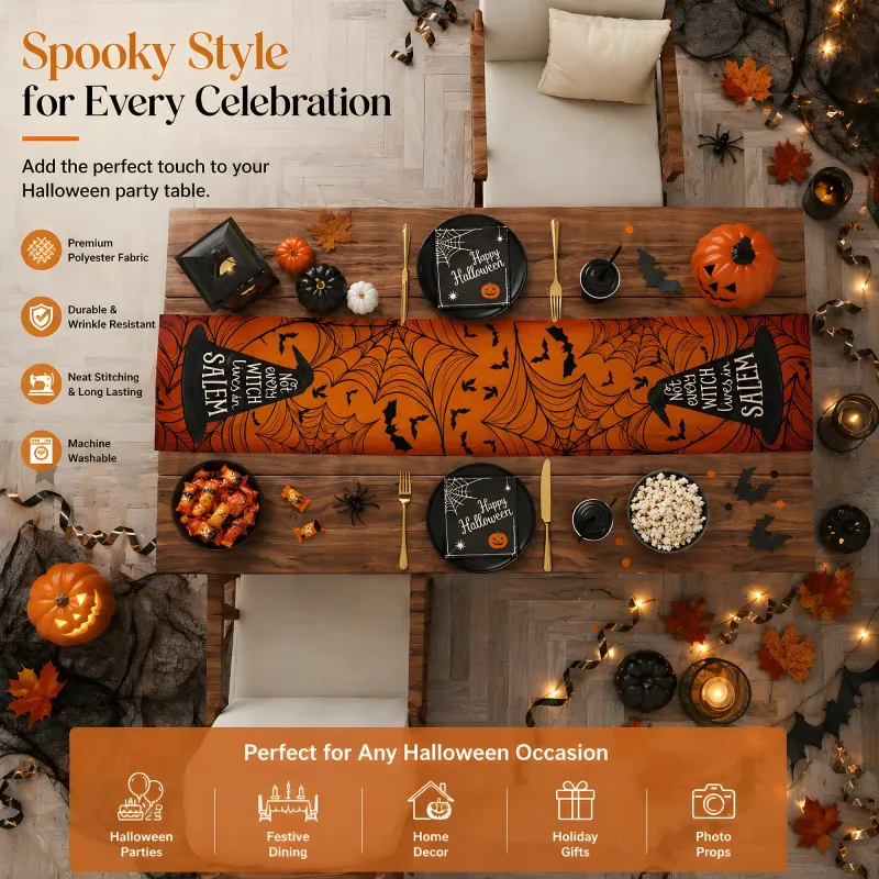 Halloween Witch Hat Spider Web Table Runner 4