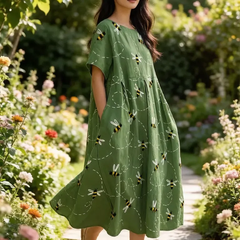 Green Bee Print A-Line Midi Dress 4