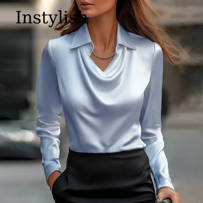 Satin V-Neck Lapel Blouse 3