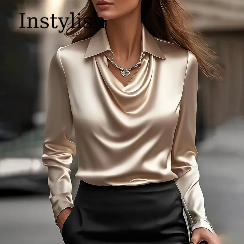 Satin V-Neck Lapel Blouse 2