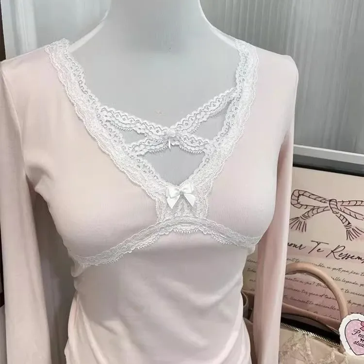 Pink Lace Bow V-neck T-shirt 6