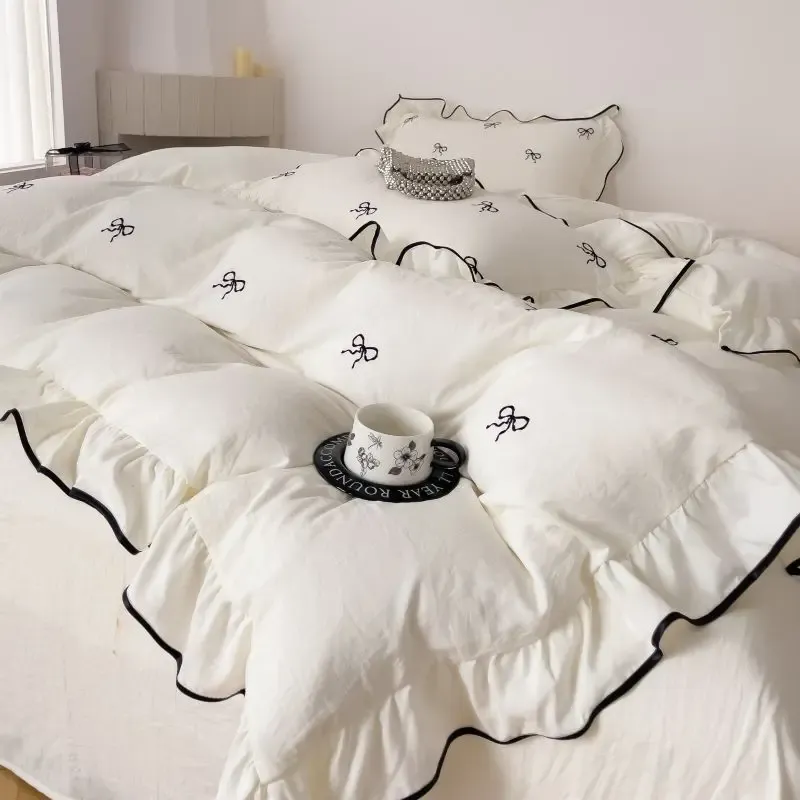 Bow Embroidery Ruffles Duvet Cover Set 5