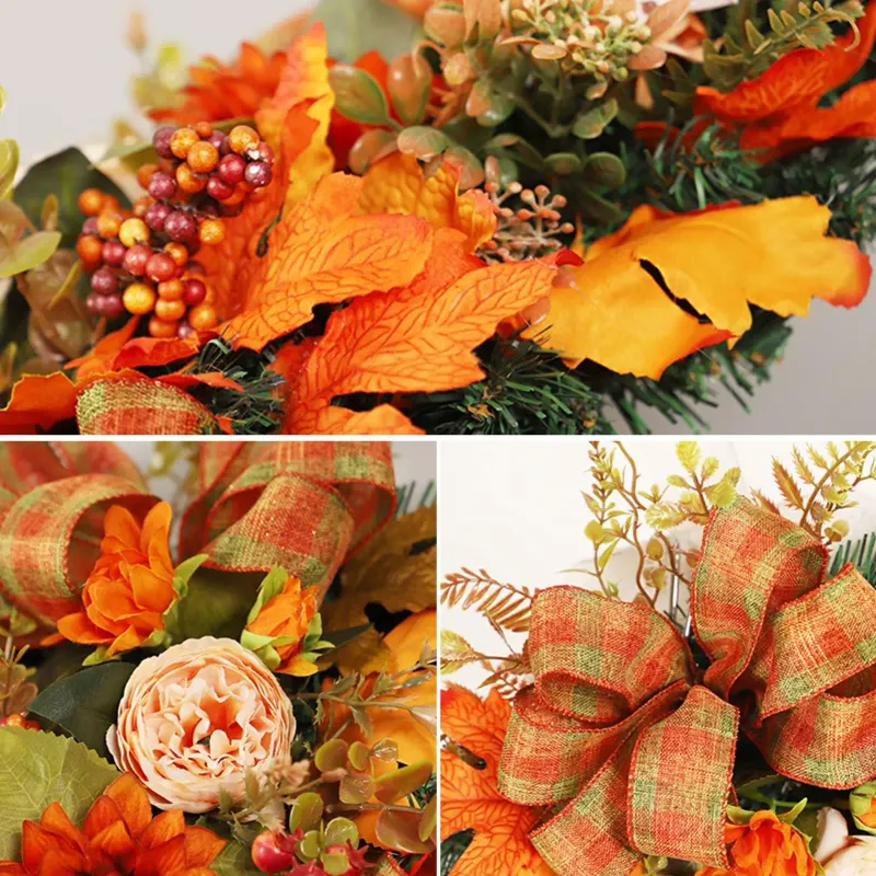 Thanksgiving Fall Wreath with Pumpkins & Maple Leaves 3