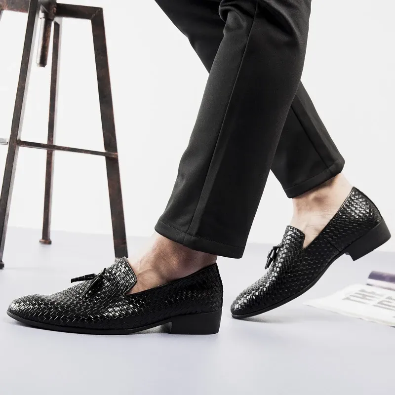 Black Woven Leather Square Heel Slip-on Shoes 5