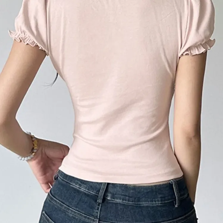 Sweet Button-up Lace Stitching Y2K Tee 6