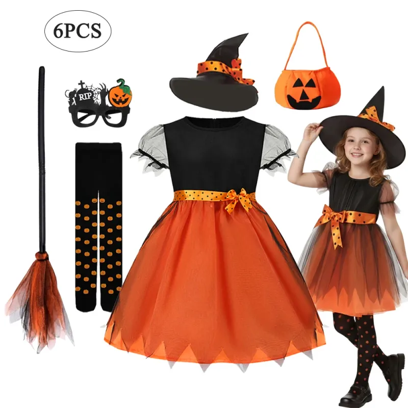 Girls Halloween Pumpkin Witch Costume 2
