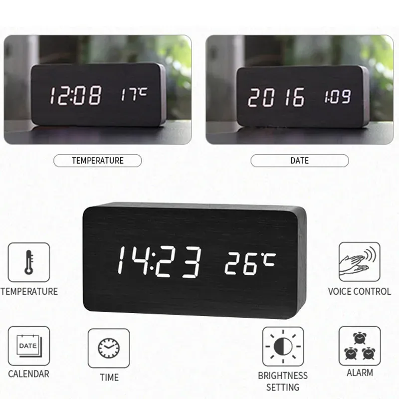 Wooden Digital Alarm Clock with Temperature 2