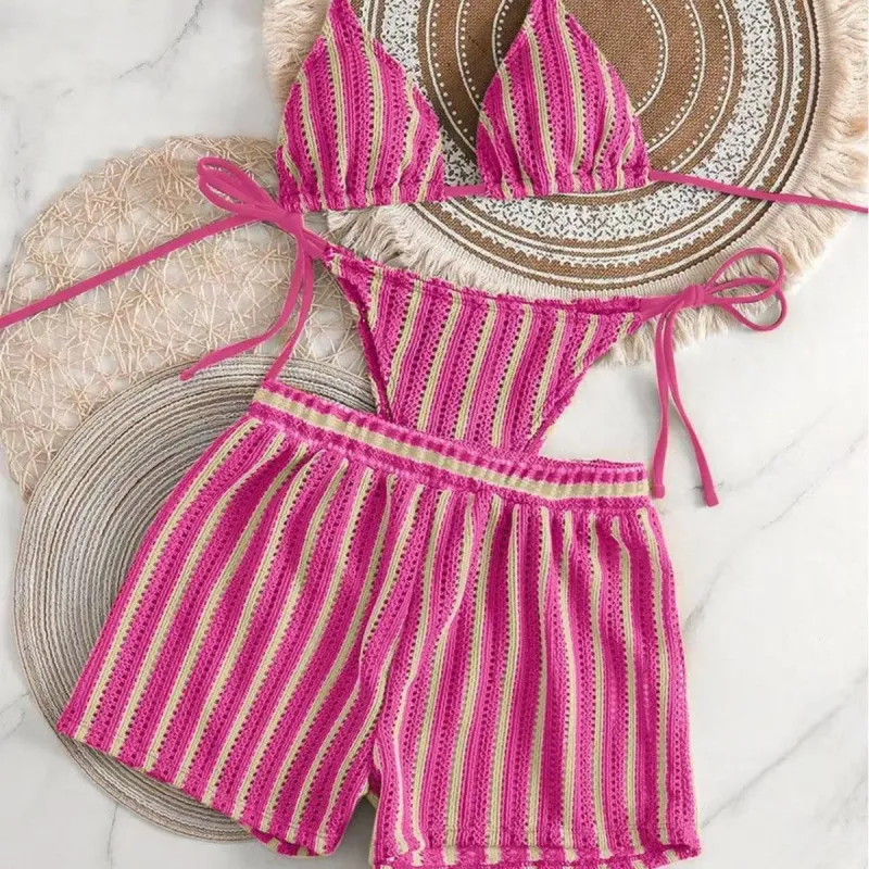 Women's 3-Piece Mesh Lace-Up Bikini Set 3