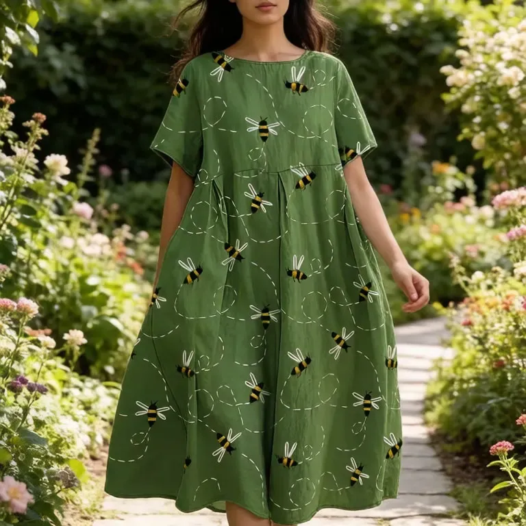 Green Bee Print A-Line Midi Dress 1