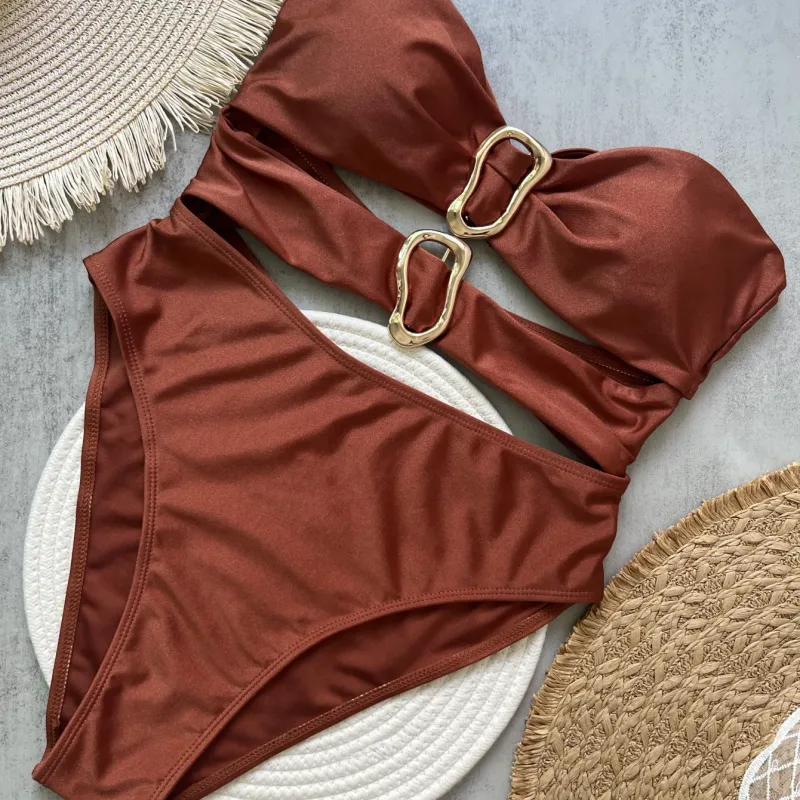 Metal Ring Cut Out Bandeau One Piece Swimsuit 5