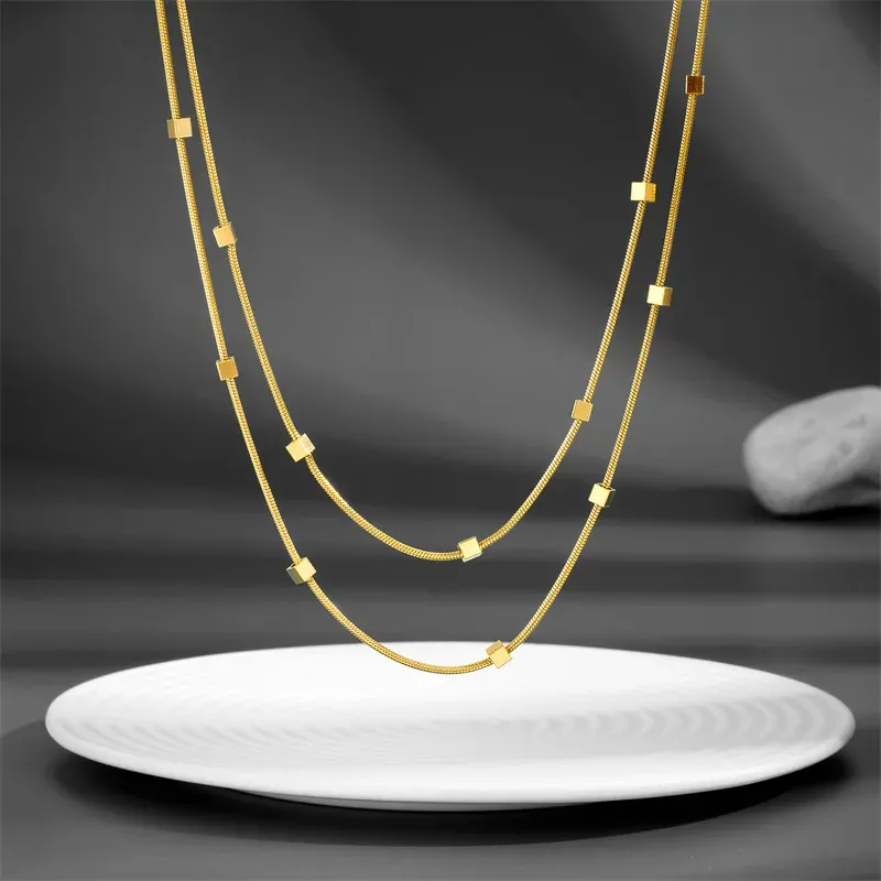 Double Layer Square Block Titanium Necklace 1