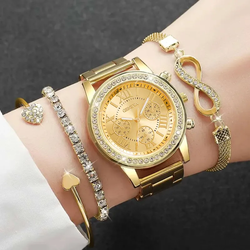 4PCS Rhinestone Women's Watch & Bracelet Set 4