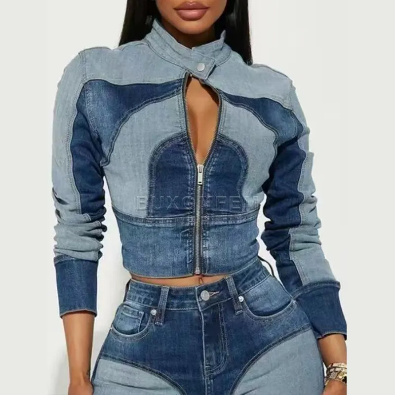 Cropped Spliced Denim Jacket for Women 2