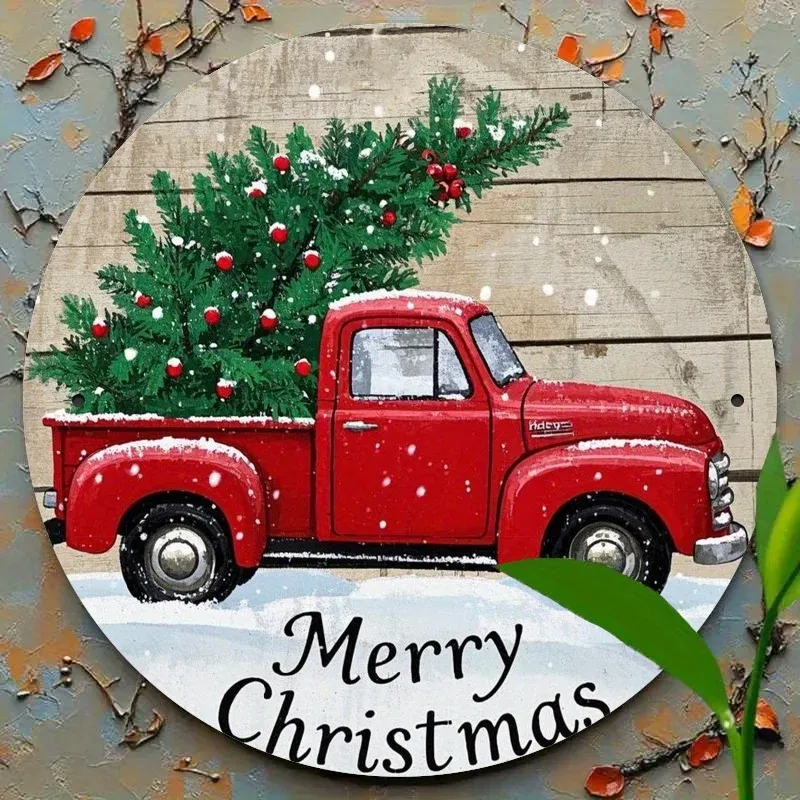 Vintage Red Truck Christmas Wreath Metal Sign 6