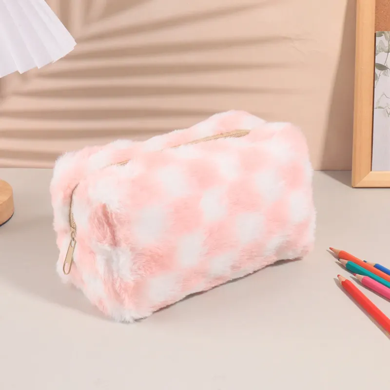 Cute Korean Checkered Pencil Case,Large School Pouch Zipper,Pen Holder Organizer, Capacity Aesthetic Stationery for Students 1
