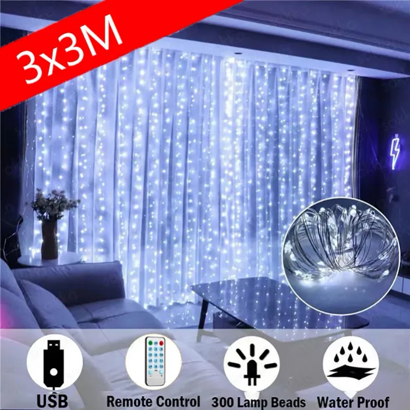 LED Curtain Fairy Lights 3m Remote 1