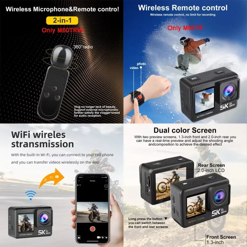 5K Dual Screen Action Camera 30M Waterproof 5