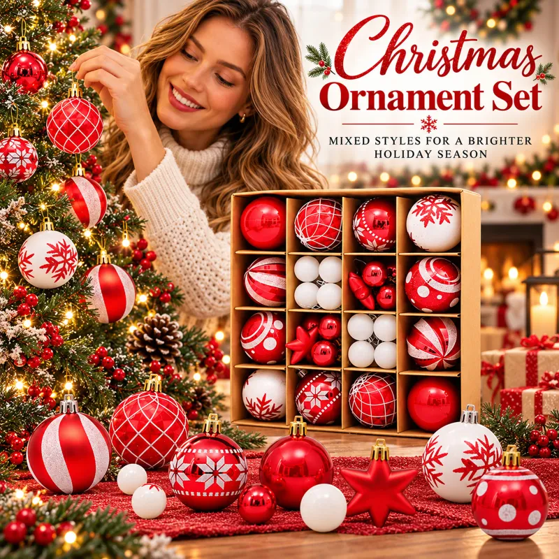 42 Pcs Red & White Christmas Ball Ornaments Set 1