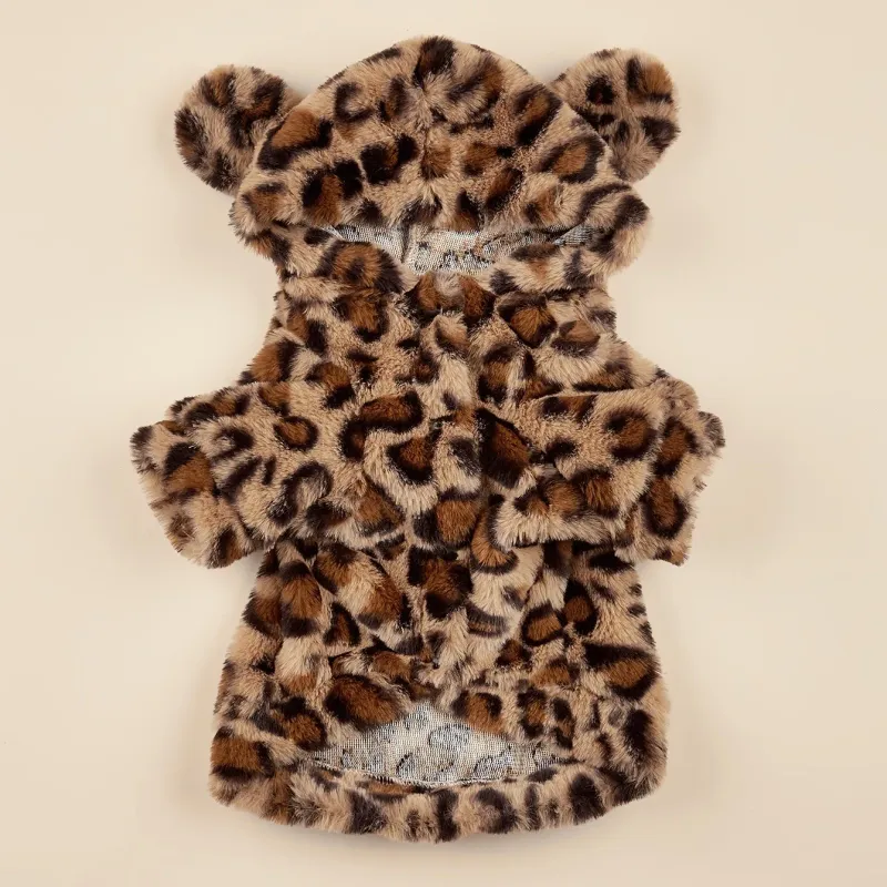 Leopard Plush Dog Hoodie with Ears 5