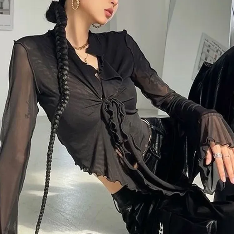 Lace-Up Mesh Flare Sleeve Blouse 6