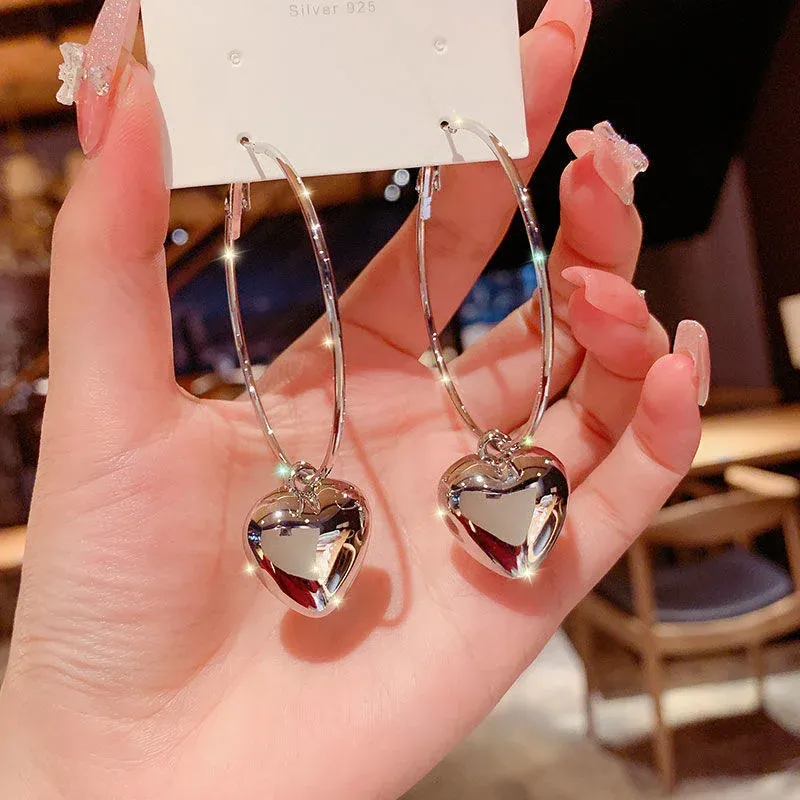 Gold Heart Drop Hoop Earrings 2