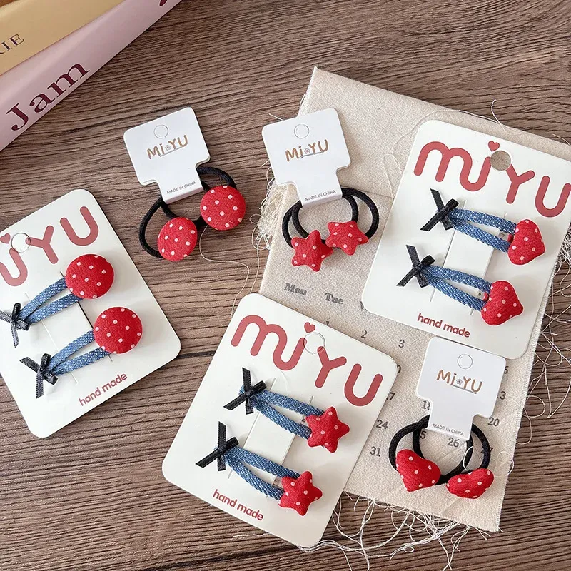 Korean Red Heart Hair Clips & Scrunchies Set 3