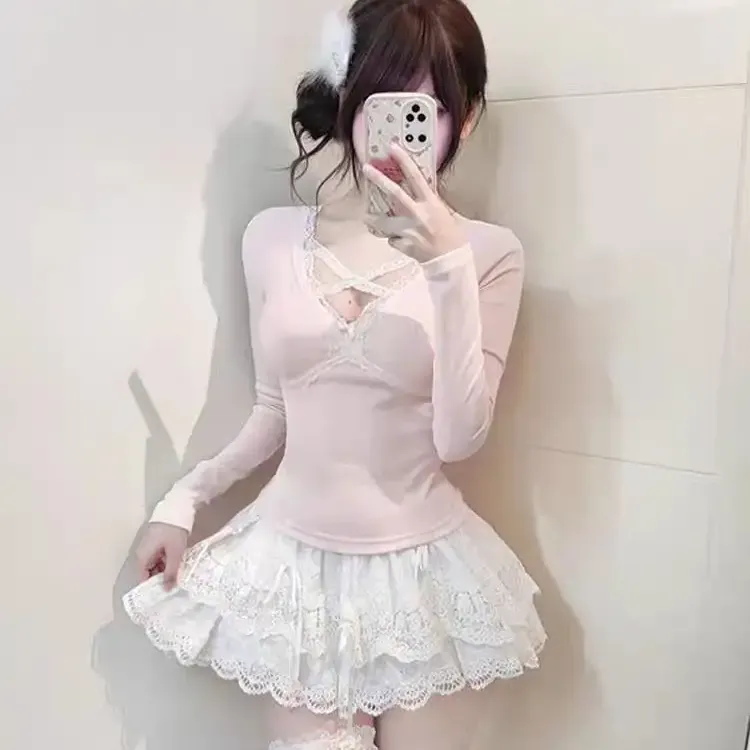 Pink Lace Bow V-neck T-shirt 4