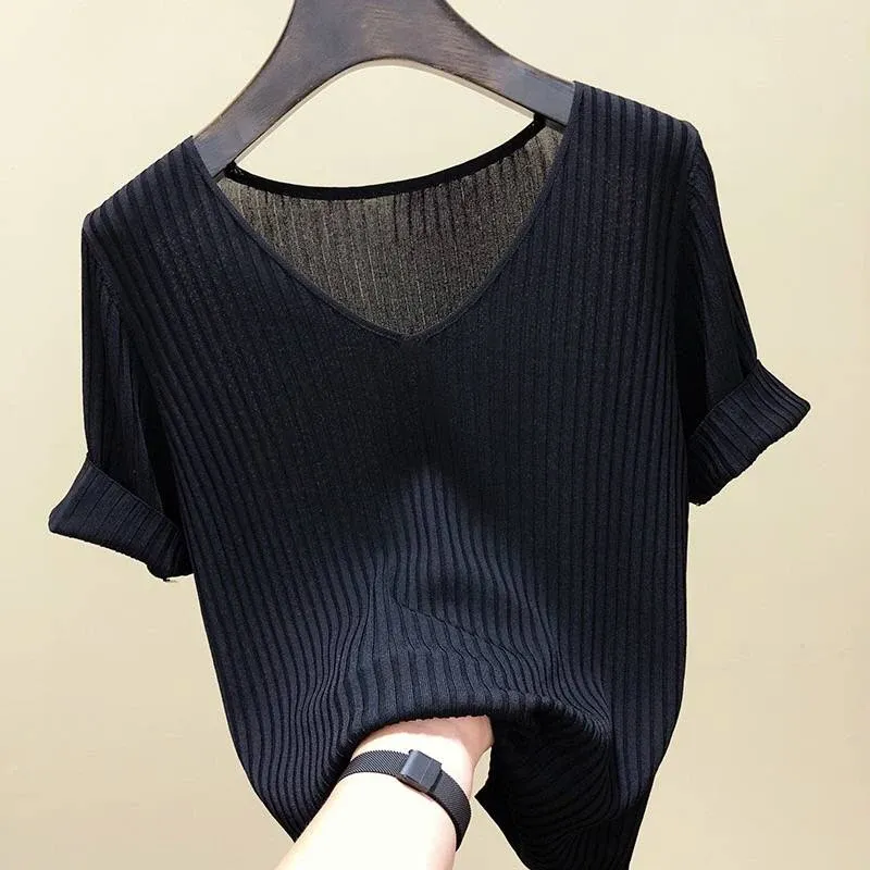 Summer V-Neck Ribbed Pullover Sweater 2