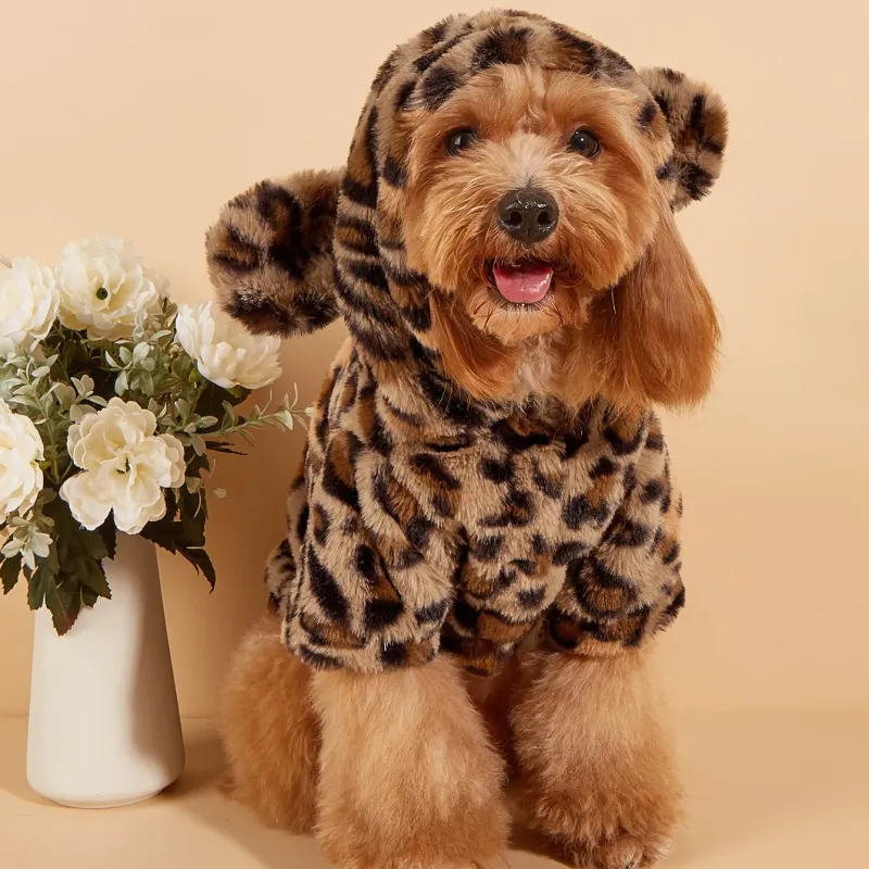 Leopard Plush Dog Hoodie with Ears 1