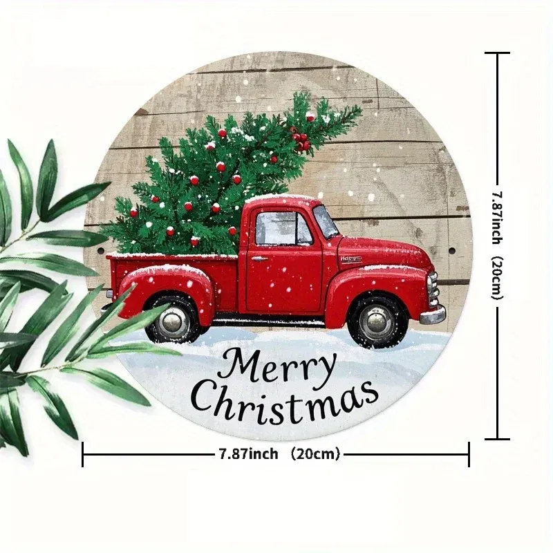 Vintage Red Truck Christmas Wreath Metal Sign 4