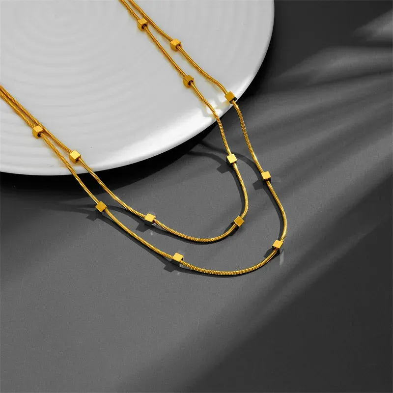 Double Layer Square Block Titanium Necklace 2