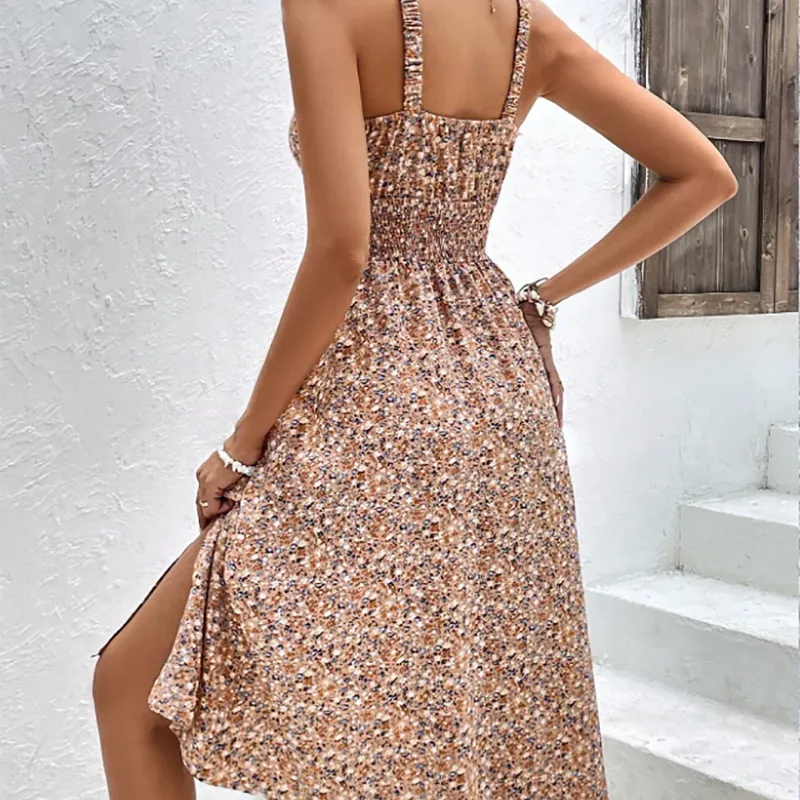 Beige Floral Halter Midi Dress 2