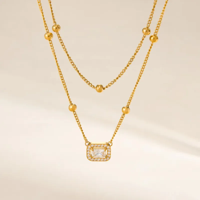 Double Layer Bead Chain Zircon Pendant Necklace 3