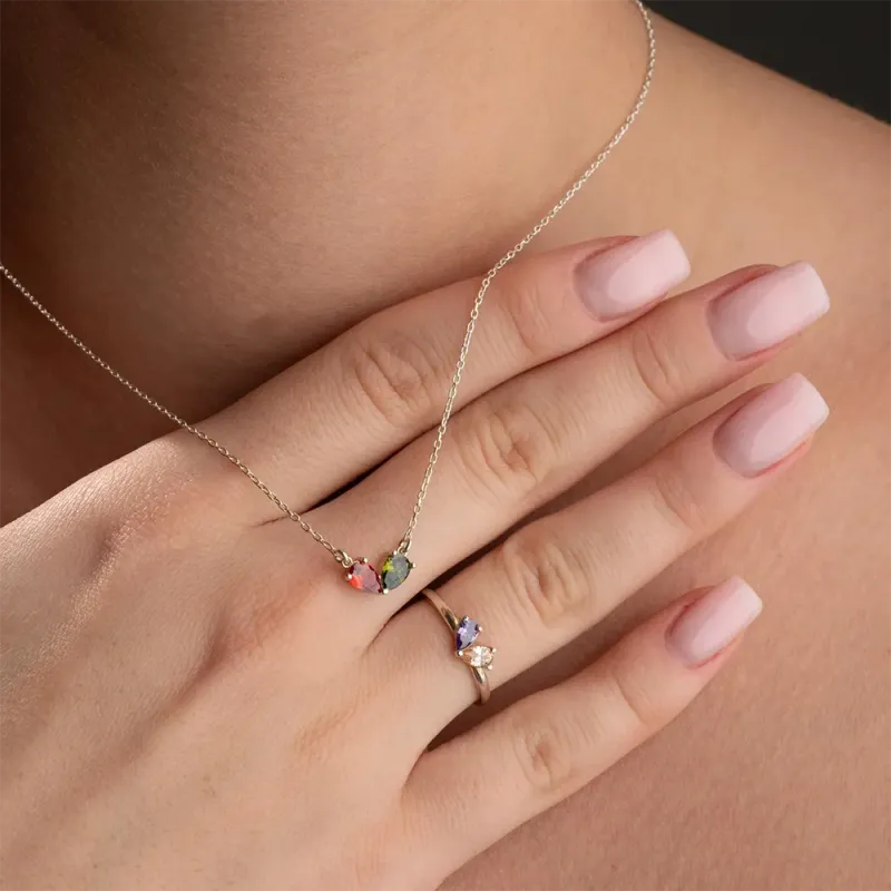 Personalized Heart Birthstone Necklace & Ring Set 4