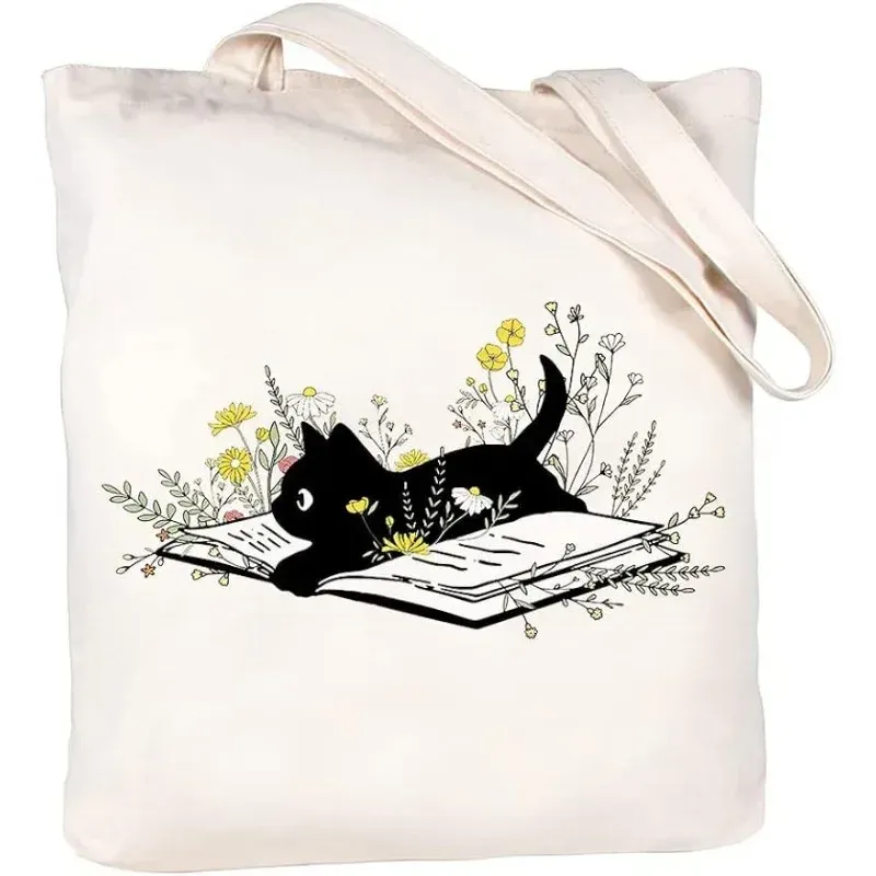 Black Cat & Flowers Canvas Tote Bag 1